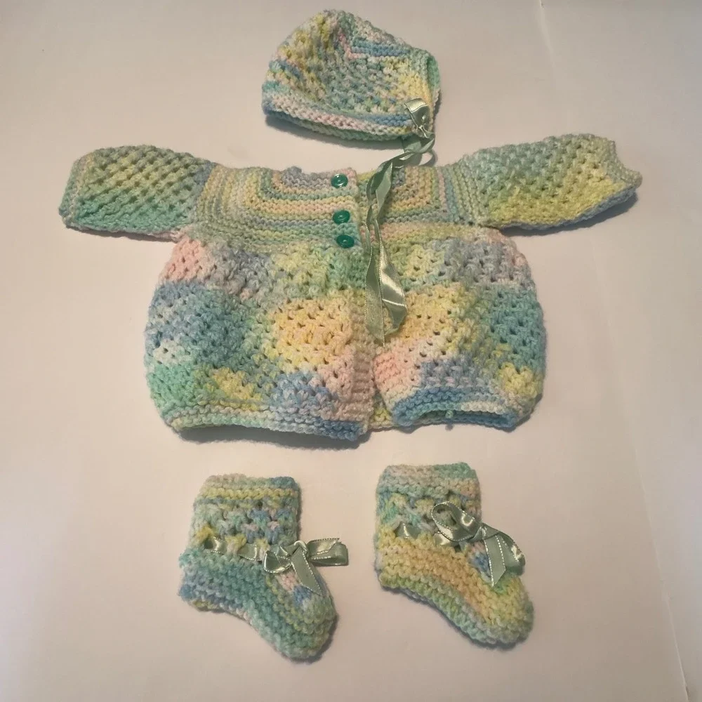 Handmade Crochet Baby Cardigan Set Pastel Multicolor Bonnet Booties 3 Piece